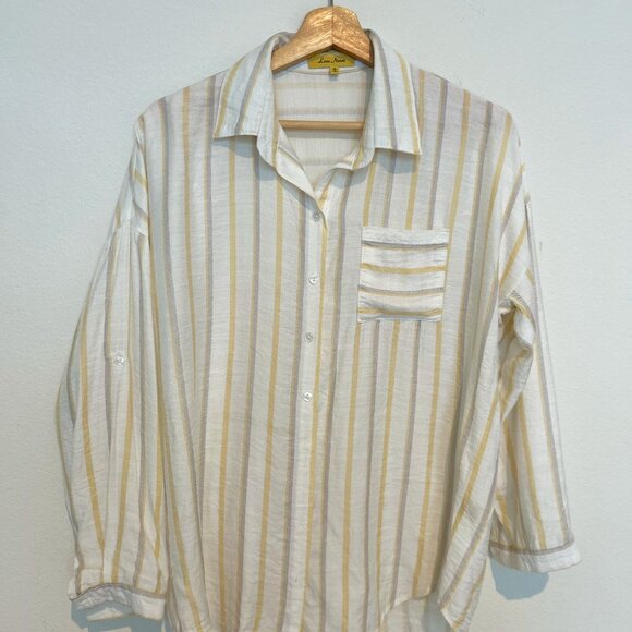 LOVE NOTES Tops - LOVE NOTES BRAND WOMANS COLLAR BUTTON DOWN YELLOW GRAY STRIPED LONG SLEEVE LONG